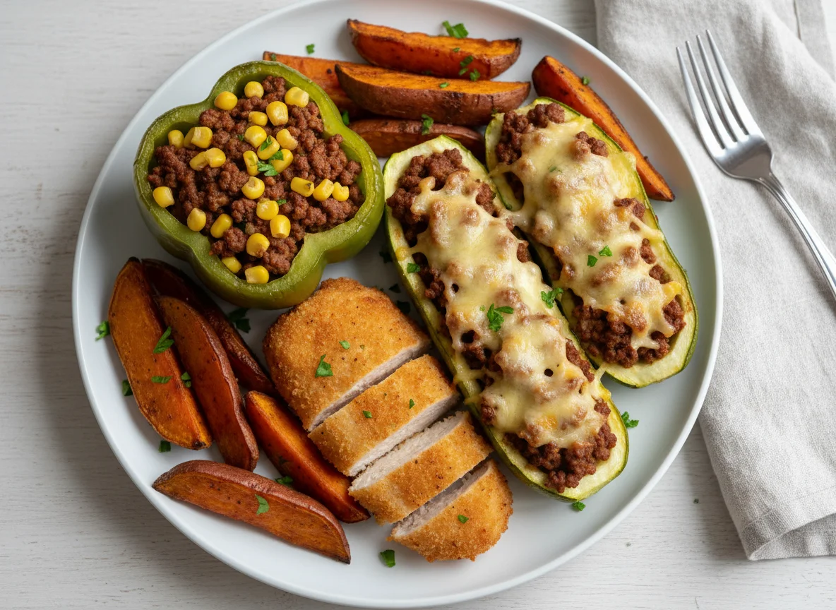 Refeição variada com legumes recheados e batata doce photo
