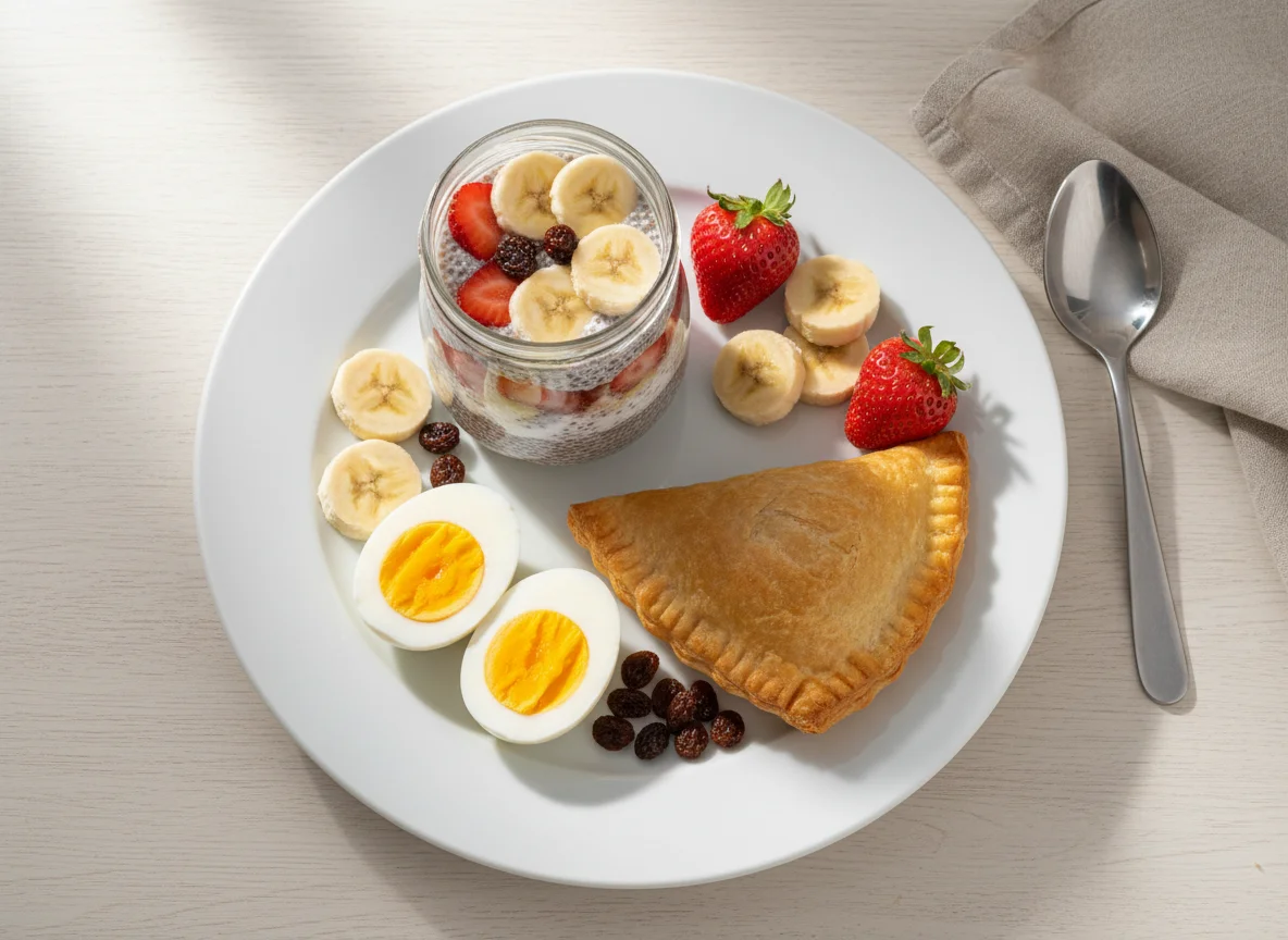 Refeição variada com ovos, pastel e pudim de chia photo