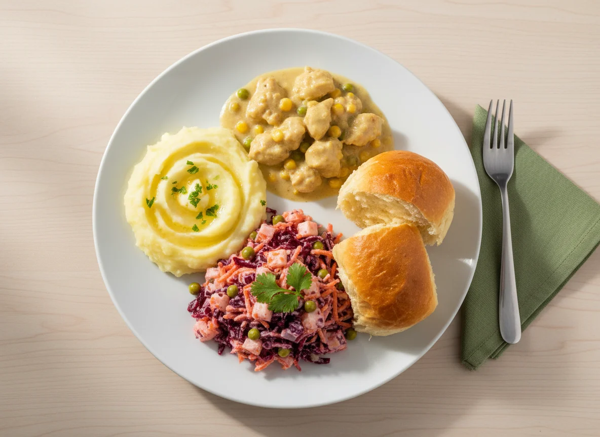 Refeição variada com purê, frango cremoso, salada e pão photo
