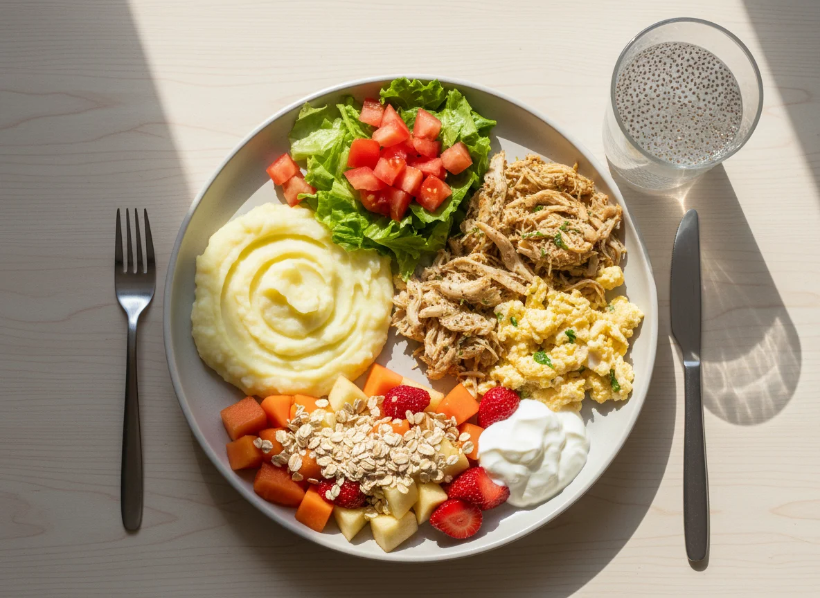 Refeição variada com purê, frango, ovos, salada e frutas com aveia photo