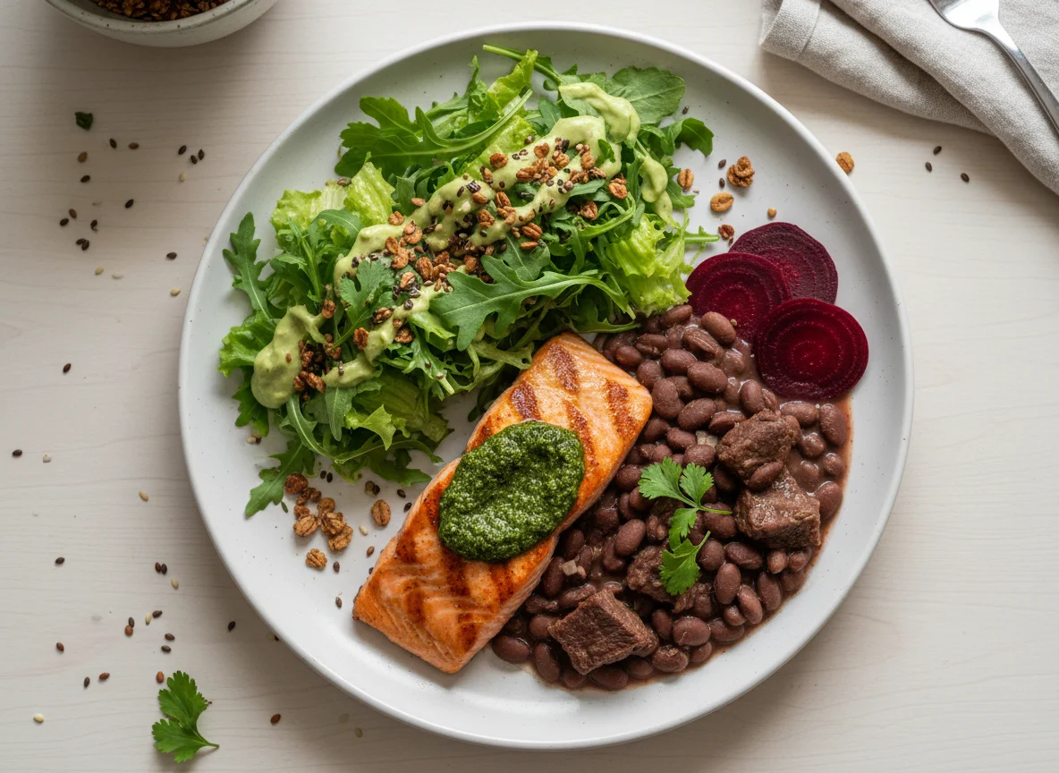 Refeição variada com salmão, salada e feijão photo
