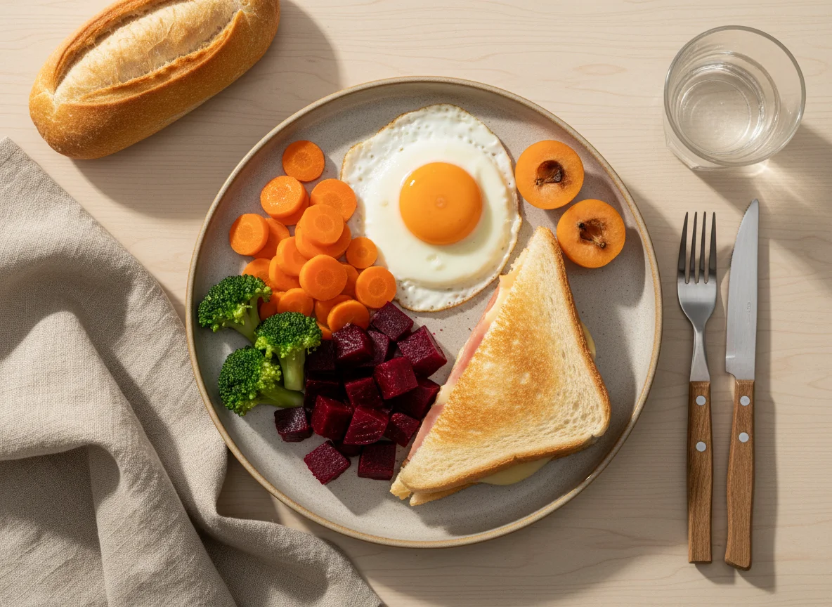 Refeição variada com sanduíche e vegetais photo