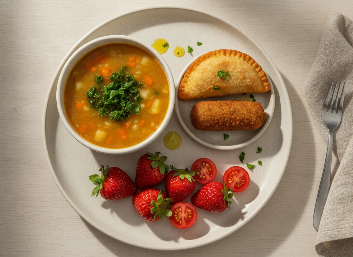 Refeição variada com sopa de legumes, salgados e fruta photo