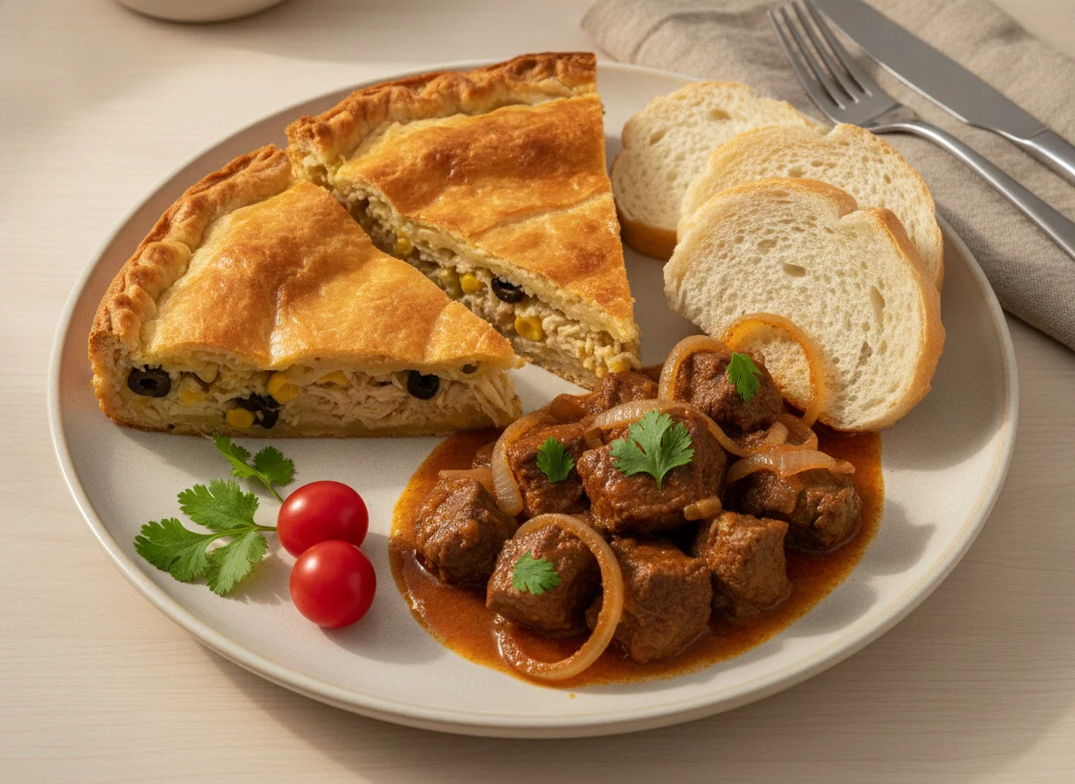Refeição variada com torta, carne e pão photo