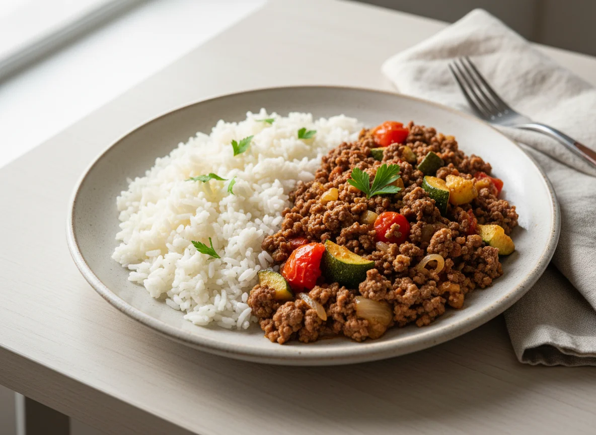 Refogado de abobrinha com carne moída e arroz photo