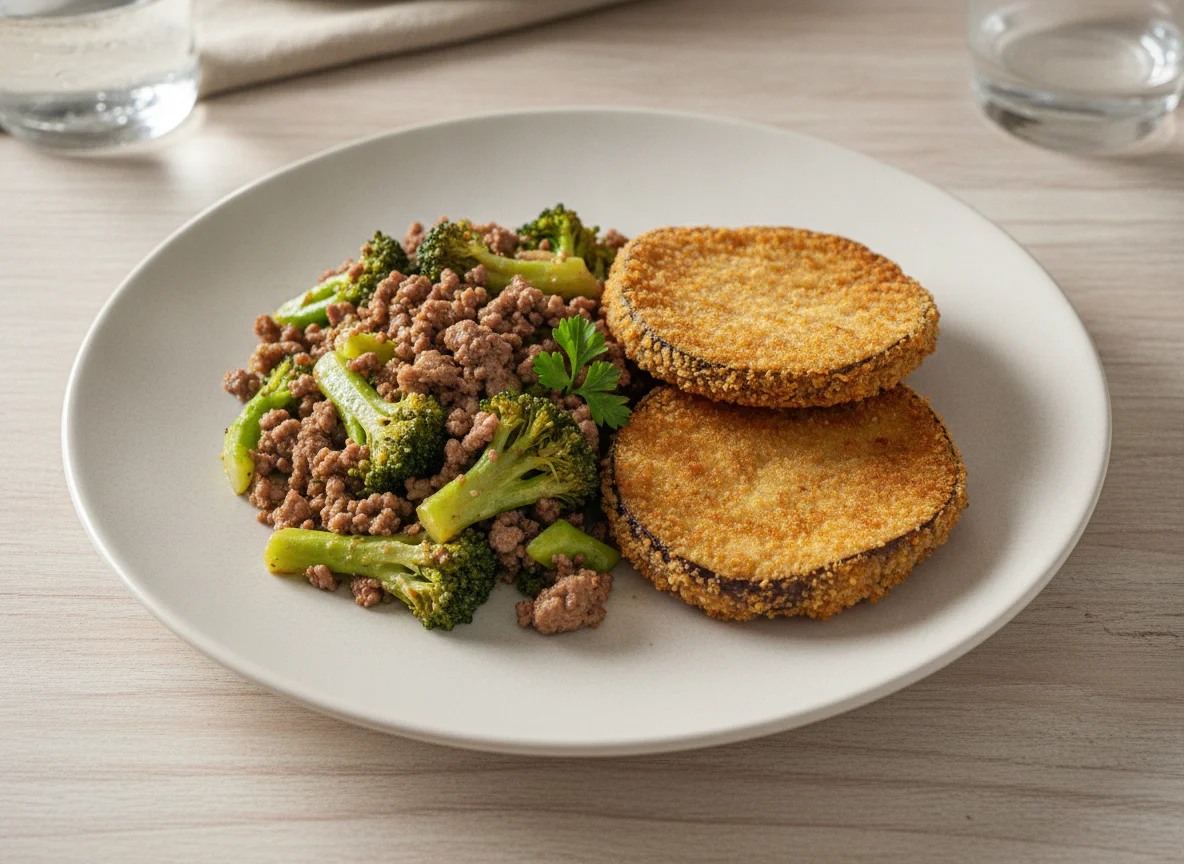 Refogado de brócolis com carne moída e berinjela empanada photo