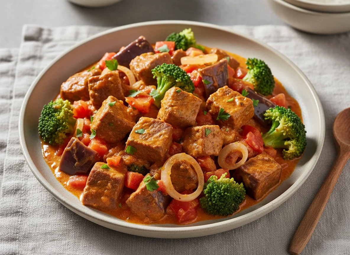 Refogado de Carne com Berinjela e Brócolis photo