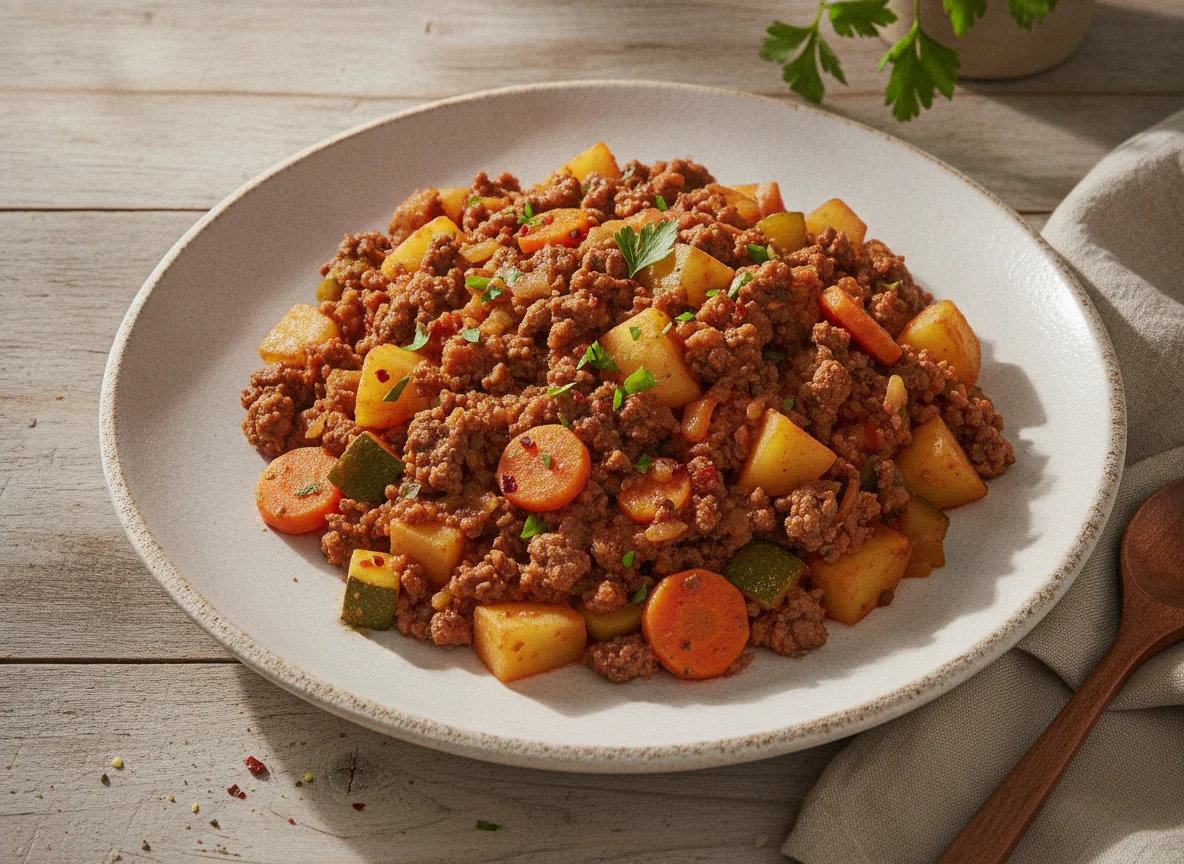 Refogado de carne moída com legumes photo