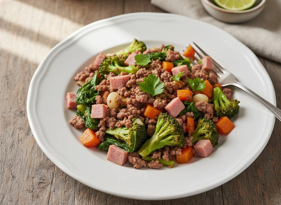 Refogado de legumes com carne moída e presunto photo
