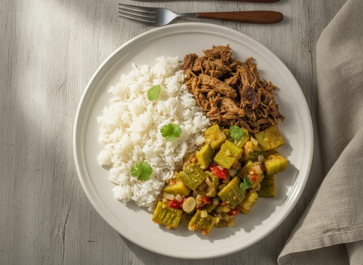 Refogado de maxixe com arroz e carne photo