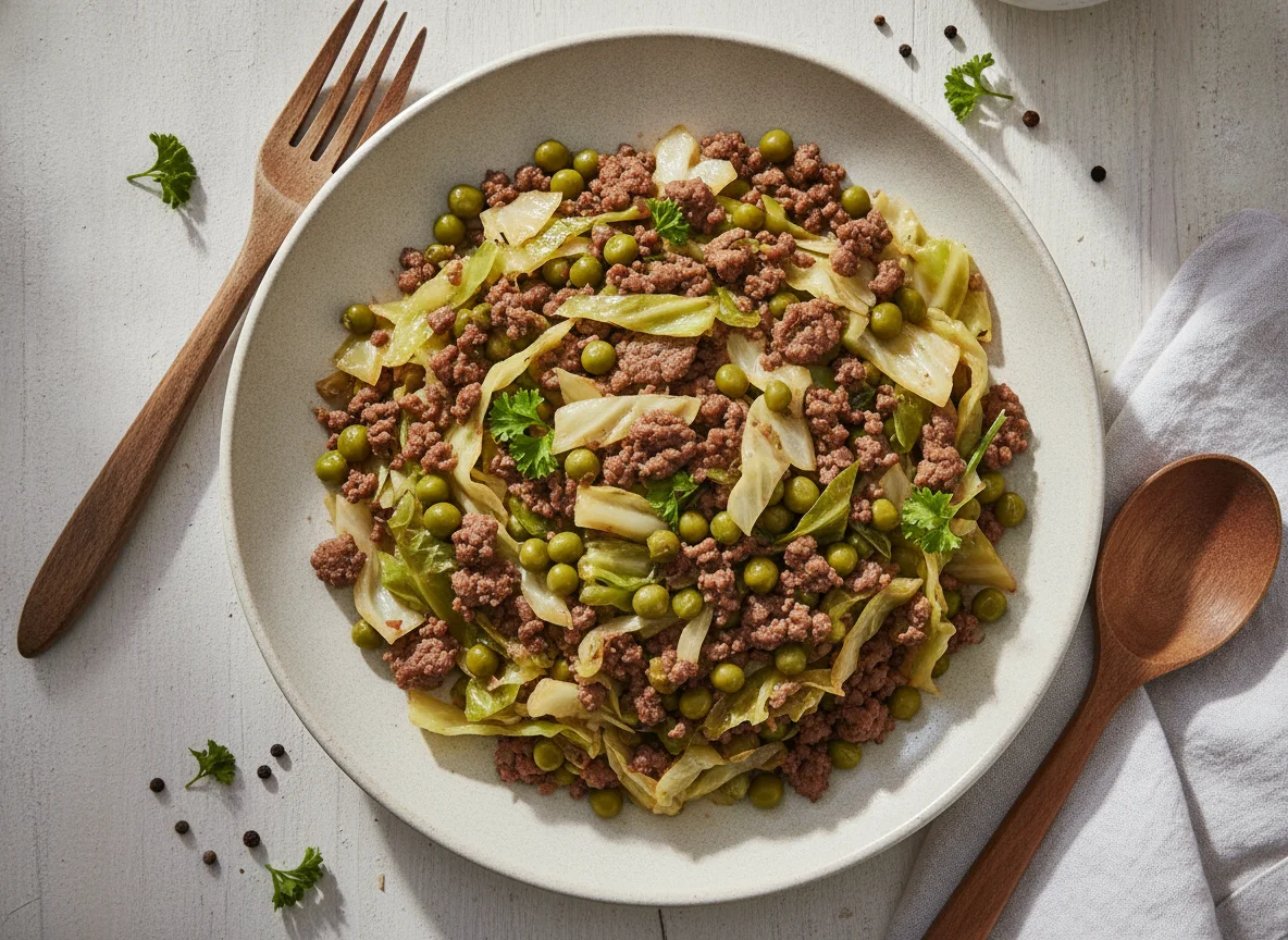 Refogado de repolho com carne moída e ervilhas photo