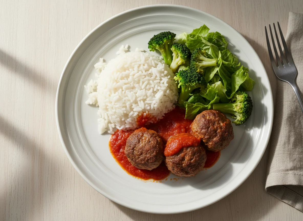 Restos de Arroz com Almôndega e Vegetais photo