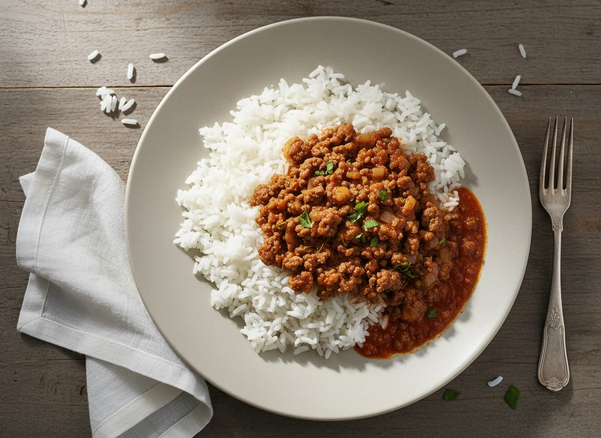 Restos de Arroz com Carne Moída e Molho photo