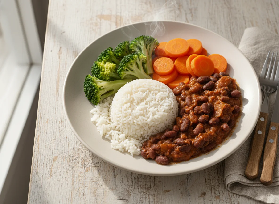 Restos de Refeição com Arroz, Feijão, Brócolis e Cenoura photo
