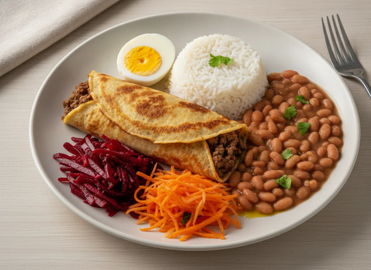 Restos de refeição com panqueca, arroz, feijão e ovo photo