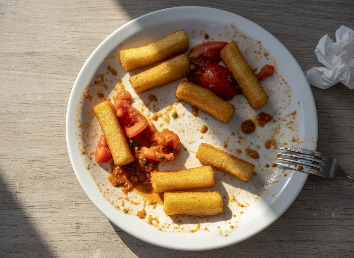 Restos de refeição com tomate e mandioca frita photo