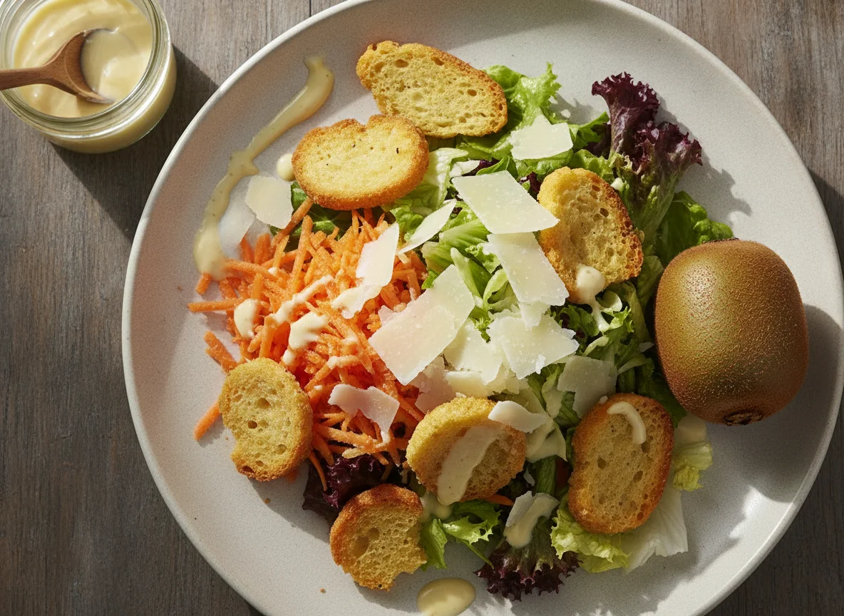 Restos de salada com croutons e kiwi photo