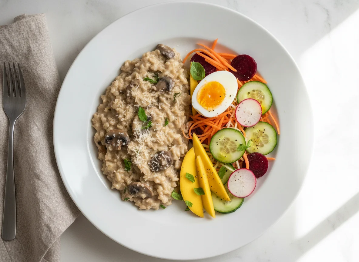 Risoto ao funghi com salada variada e ovo photo