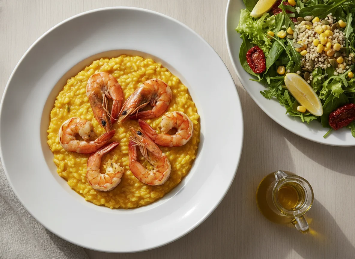 Risoto de abóbora com camarão e salada mista photo