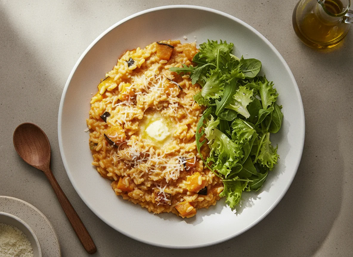 Risoto de Abóbora com Salada de Folhas Verdes photo