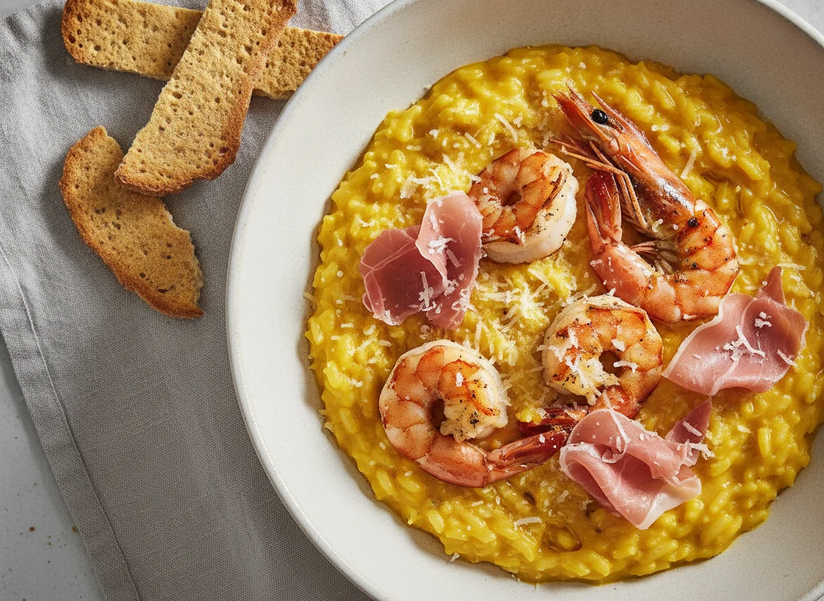 Risoto de açafrão com camarão e presunto cru photo