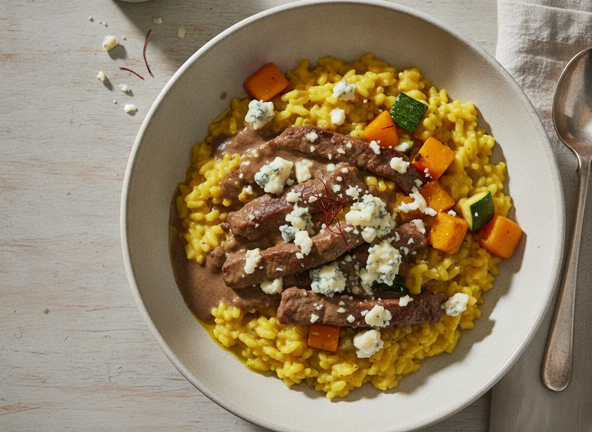 Risoto de Açafrão com Iscas de Carne e Queijo Gorgonzola photo