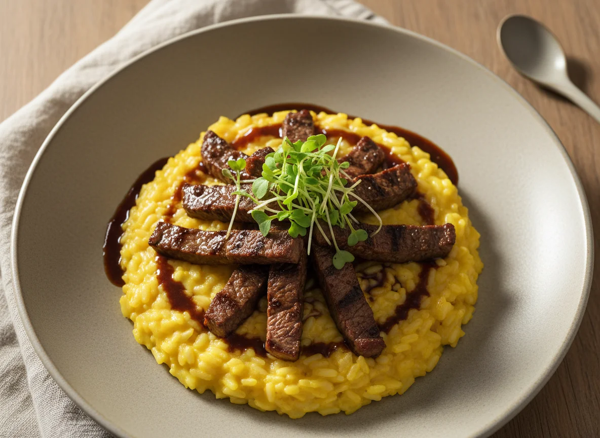 Risoto de açafrão com tiras de carne e molho photo