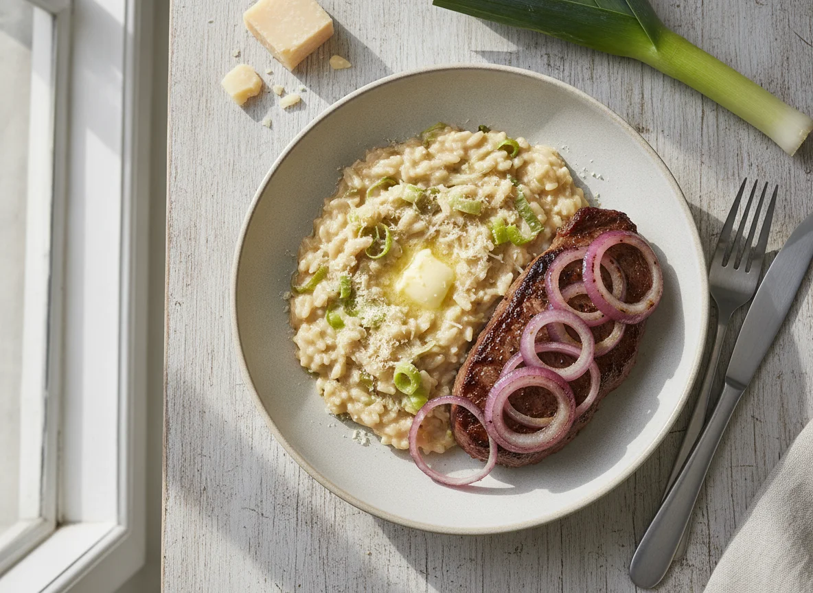Risoto de Alho-Poró com Bife Acebolado photo