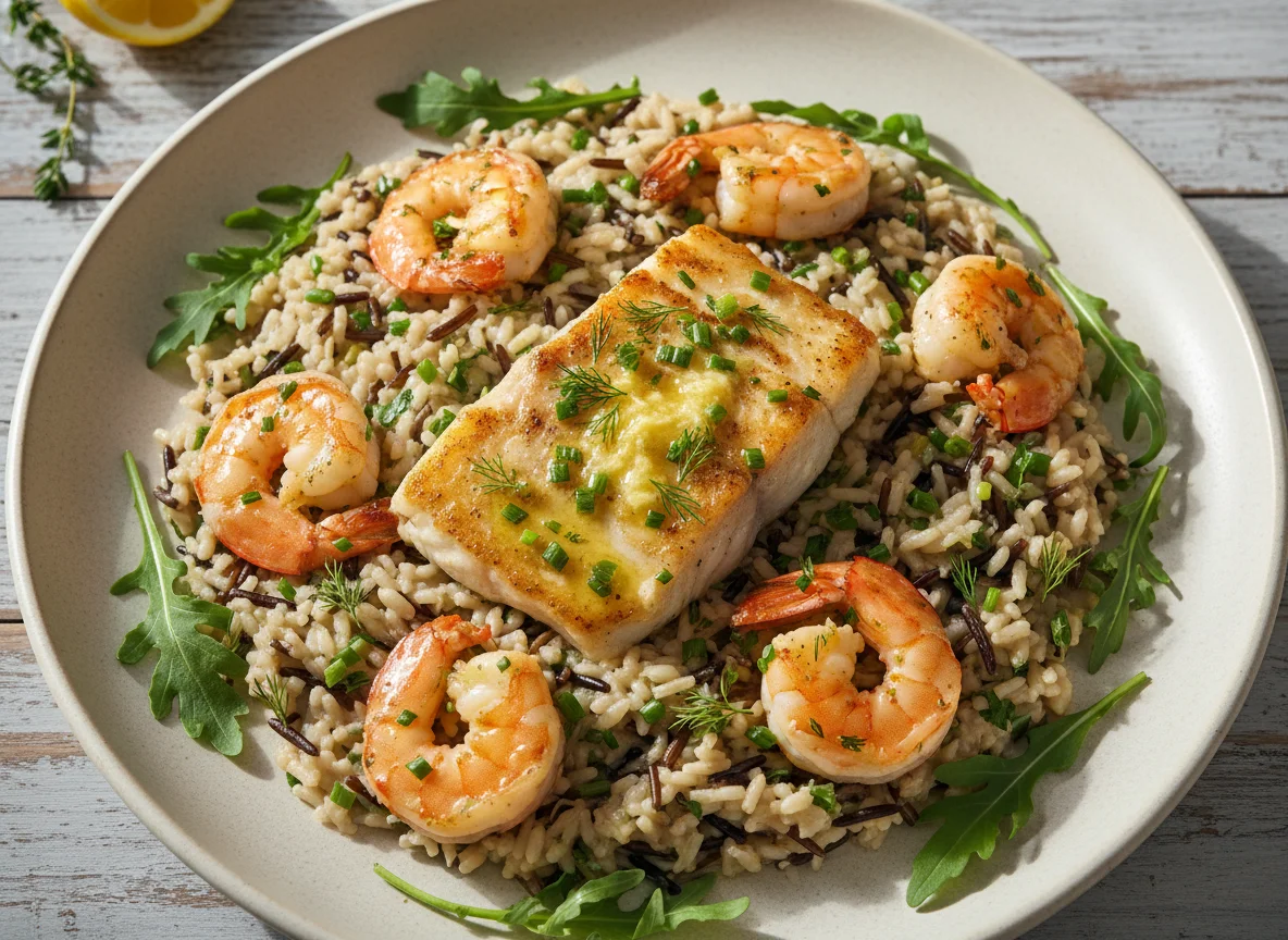 Risoto de arroz selvagem com camarão e peixe photo