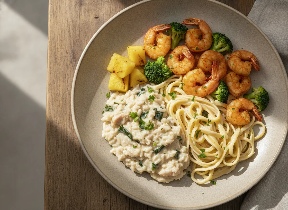 Risoto de bacalhau com fettuccine ao molho branco, camarão e brócolis photo