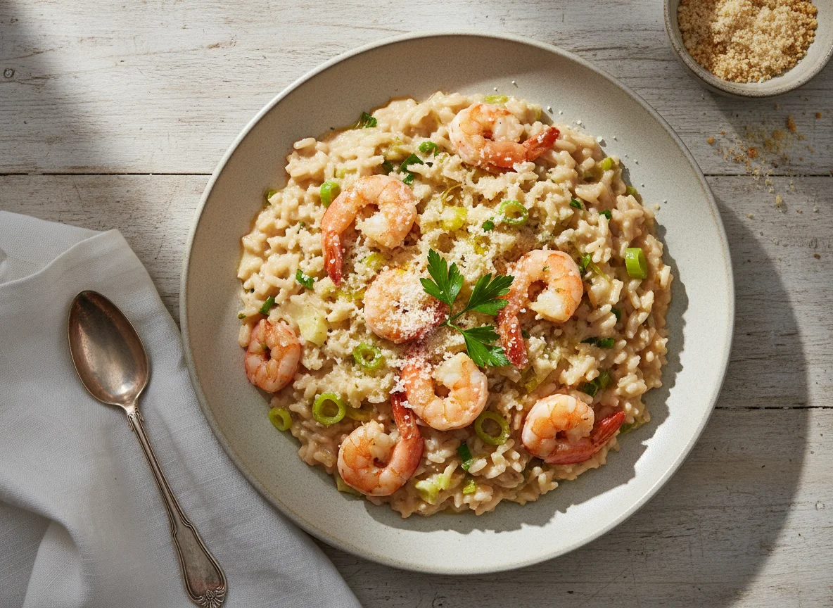 Risoto de camarão com alho-poró photo