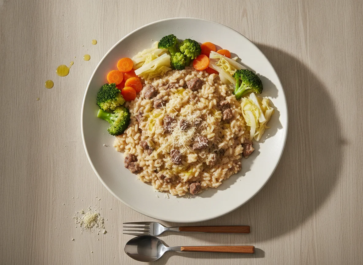 Risoto de carne com legumes no vapor photo