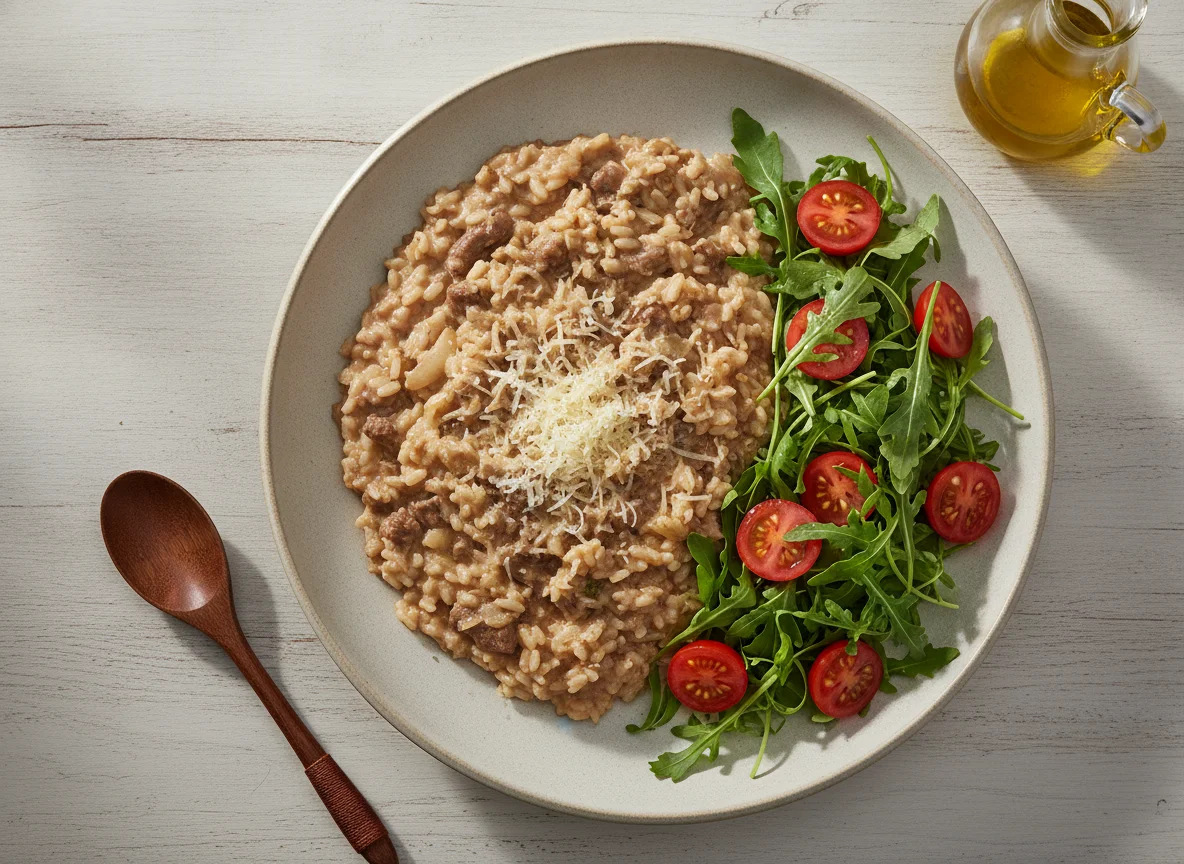 Risoto de carne com salada de rúcula e tomate cereja photo