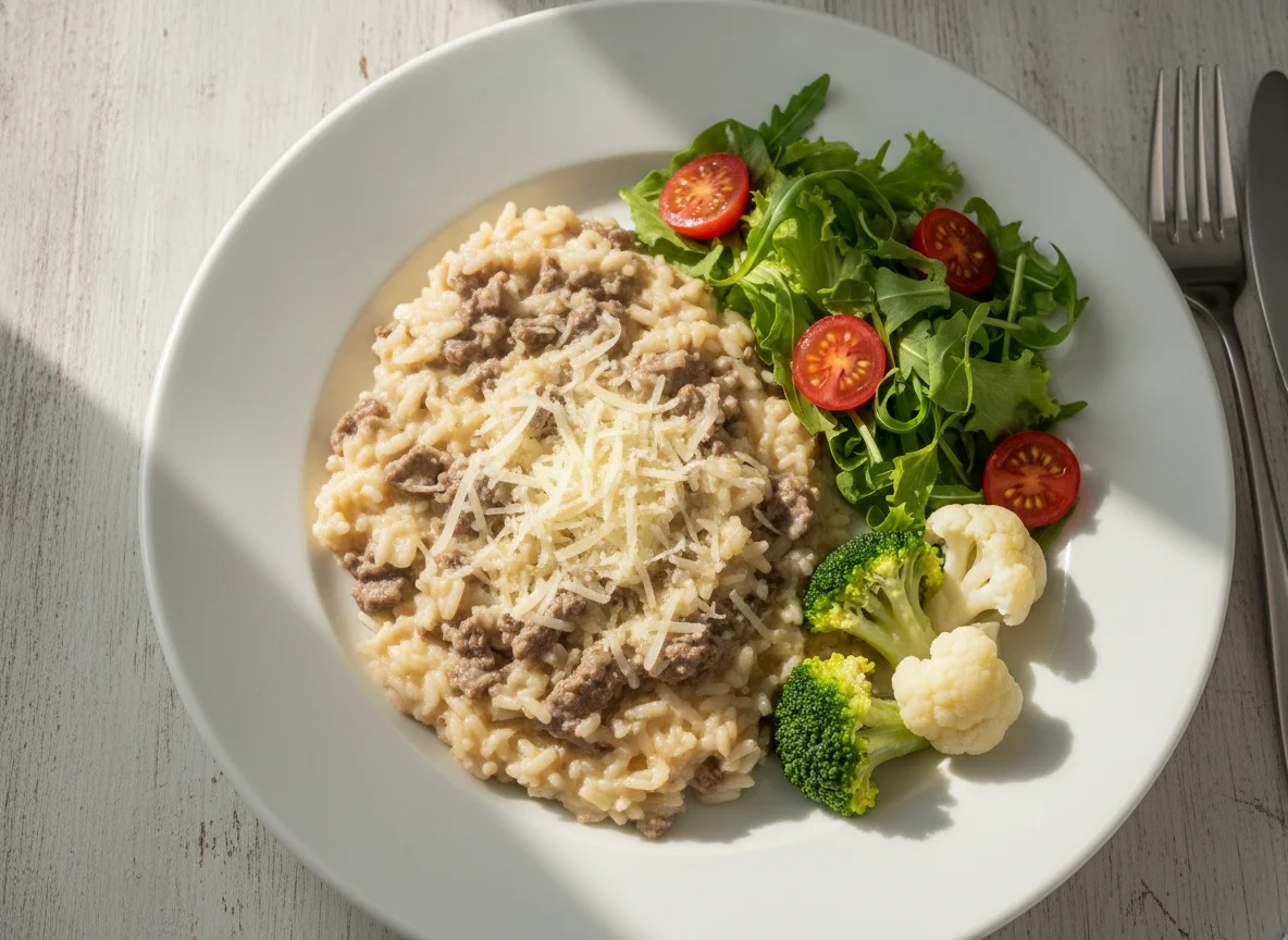 Risoto de carne com salada e legumes photo