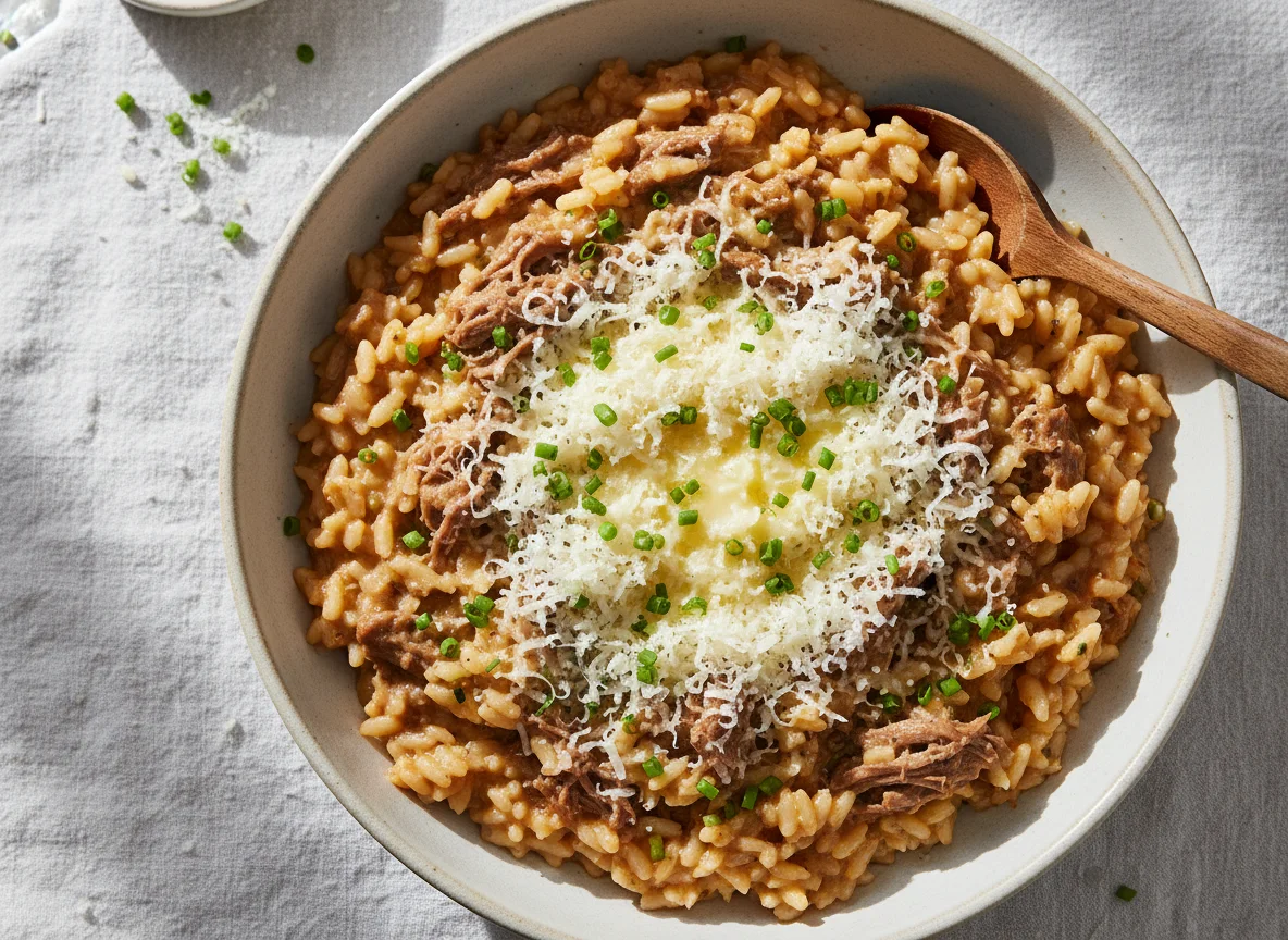 Risoto de carne desfiada com queijo e cebolinha photo