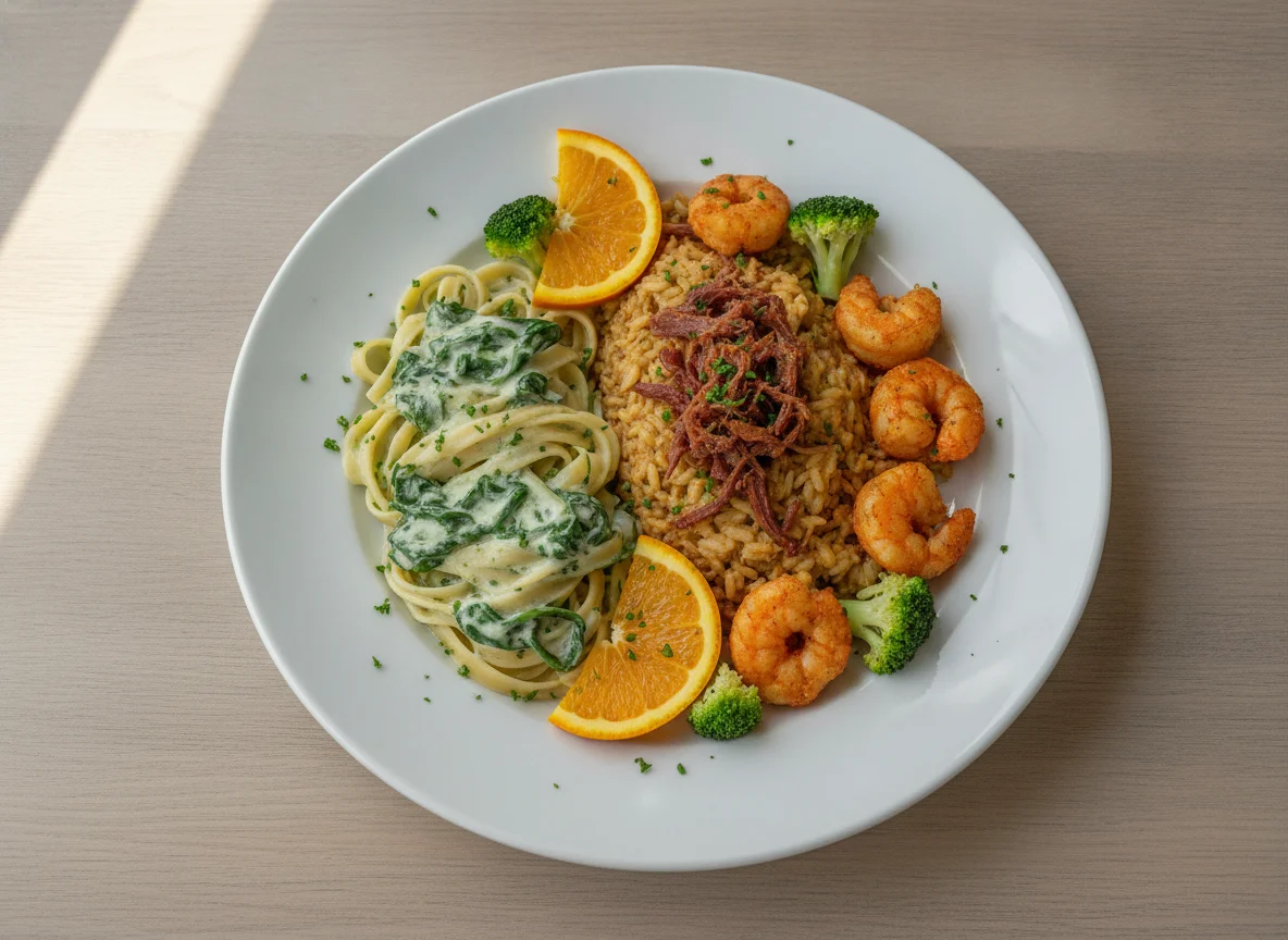 Risoto de carne seca com fettuccine ao molho branco, camarão e laranja photo