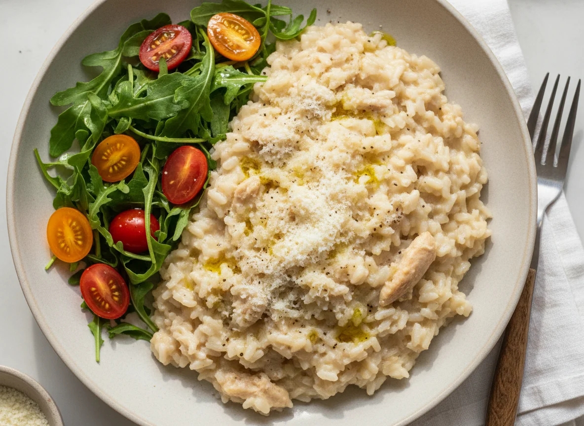 Risoto de frango com salada de rúcula e tomate cereja photo