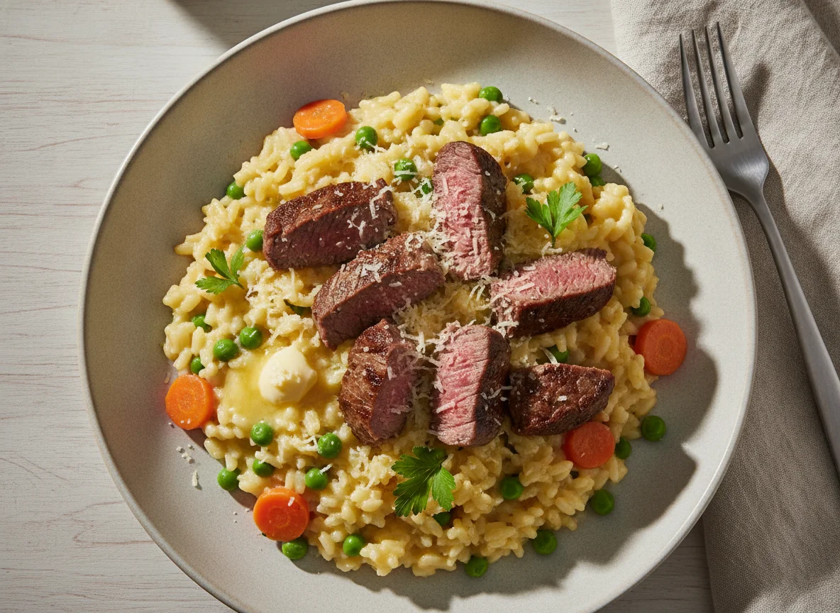 Risoto de legumes com filet mignon e queijo photo