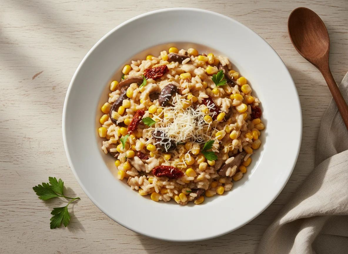 Risoto de Milho e Cogumelos com Queijo photo
