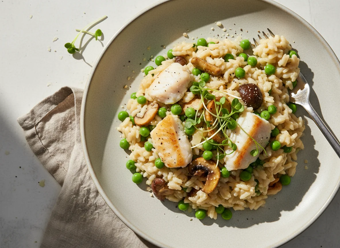 Risoto de Peixe com Ervilhas e Cogumelos photo