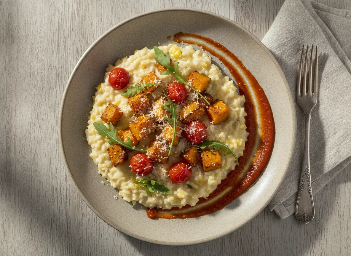 Risoto de queijo com abóbora assada e tomate cereja photo