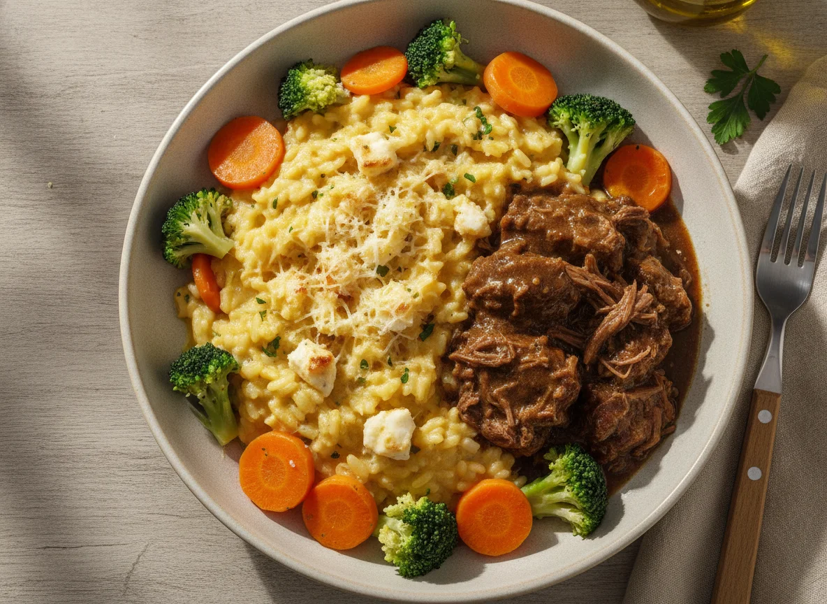 Risoto de queijo com carne ensopada e legumes photo