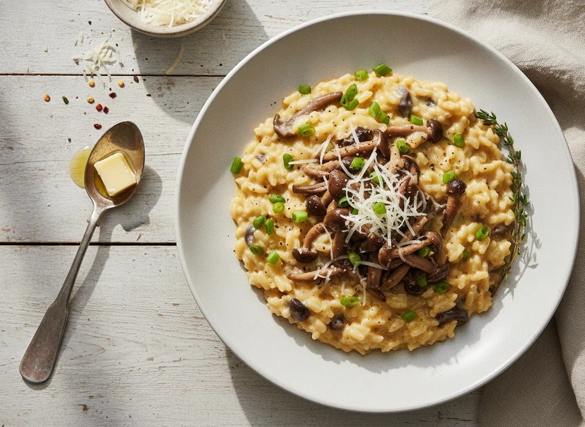 Risoto de queijo com cogumelos shimeji photo