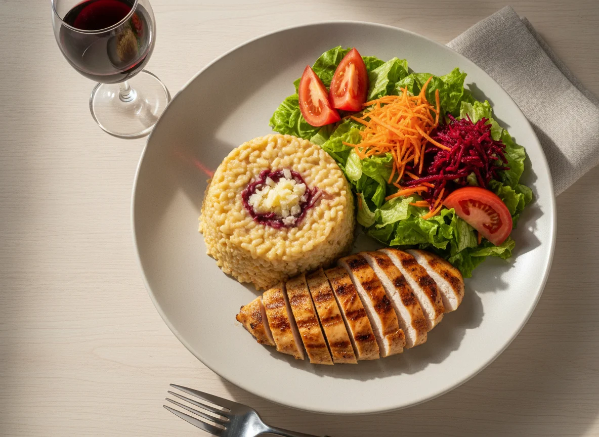 Risoto de queijo com frango grelhado e salada mista photo