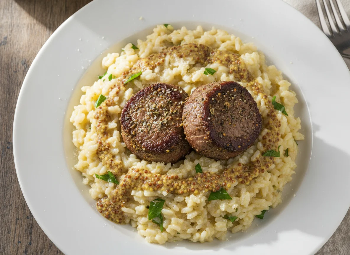 Risoto de queijo com medalhão de filé mignon ao molho de mostarda photo