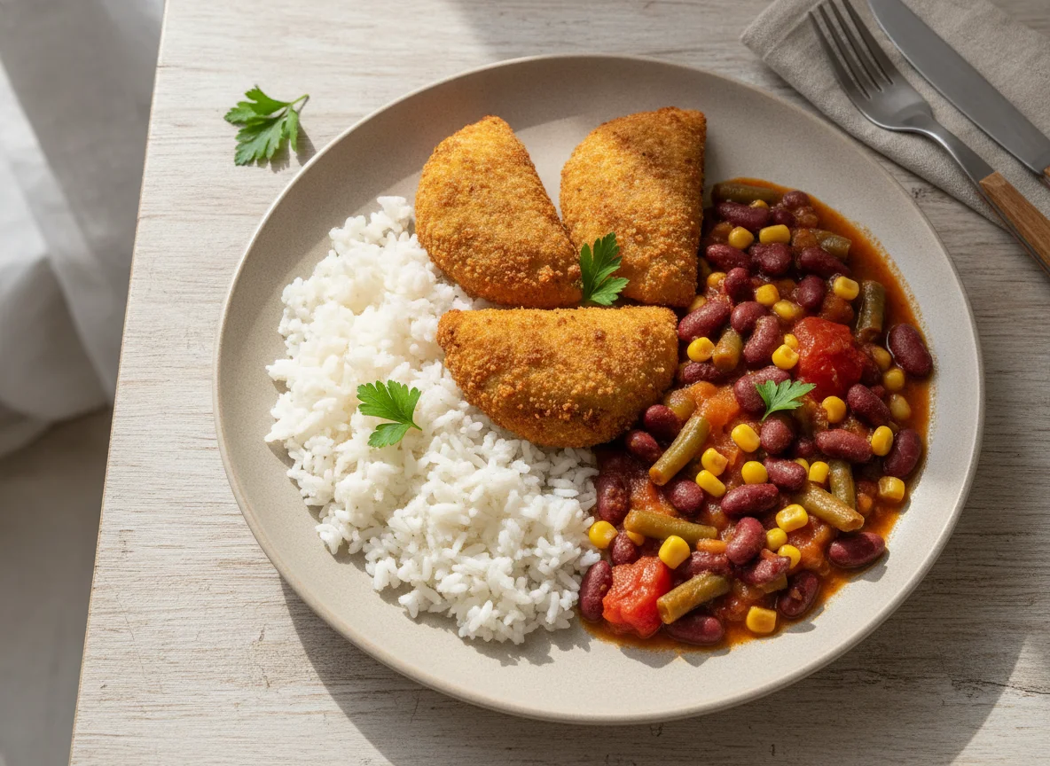 Rissóis de carne com arroz e estufado de feijão e legumes photo