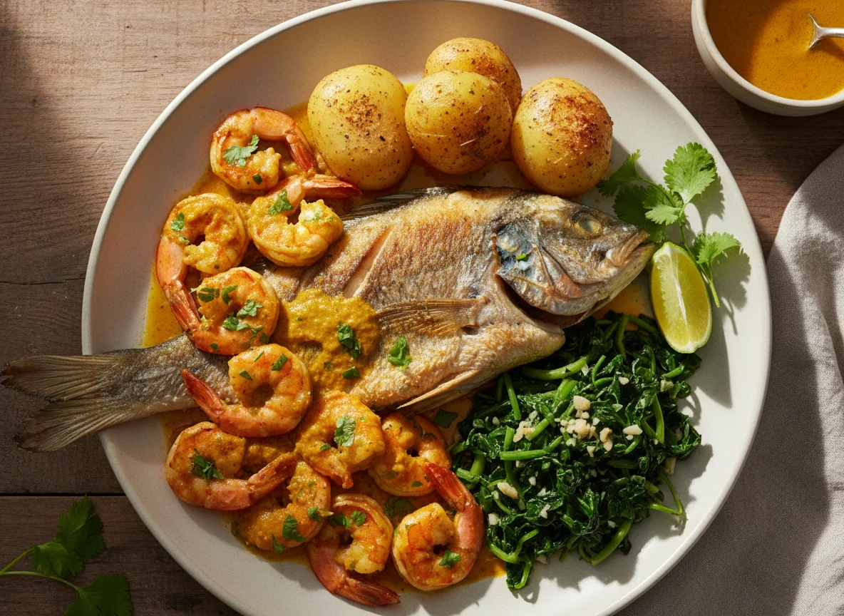Robalo com camarão, batatas e grelos photo