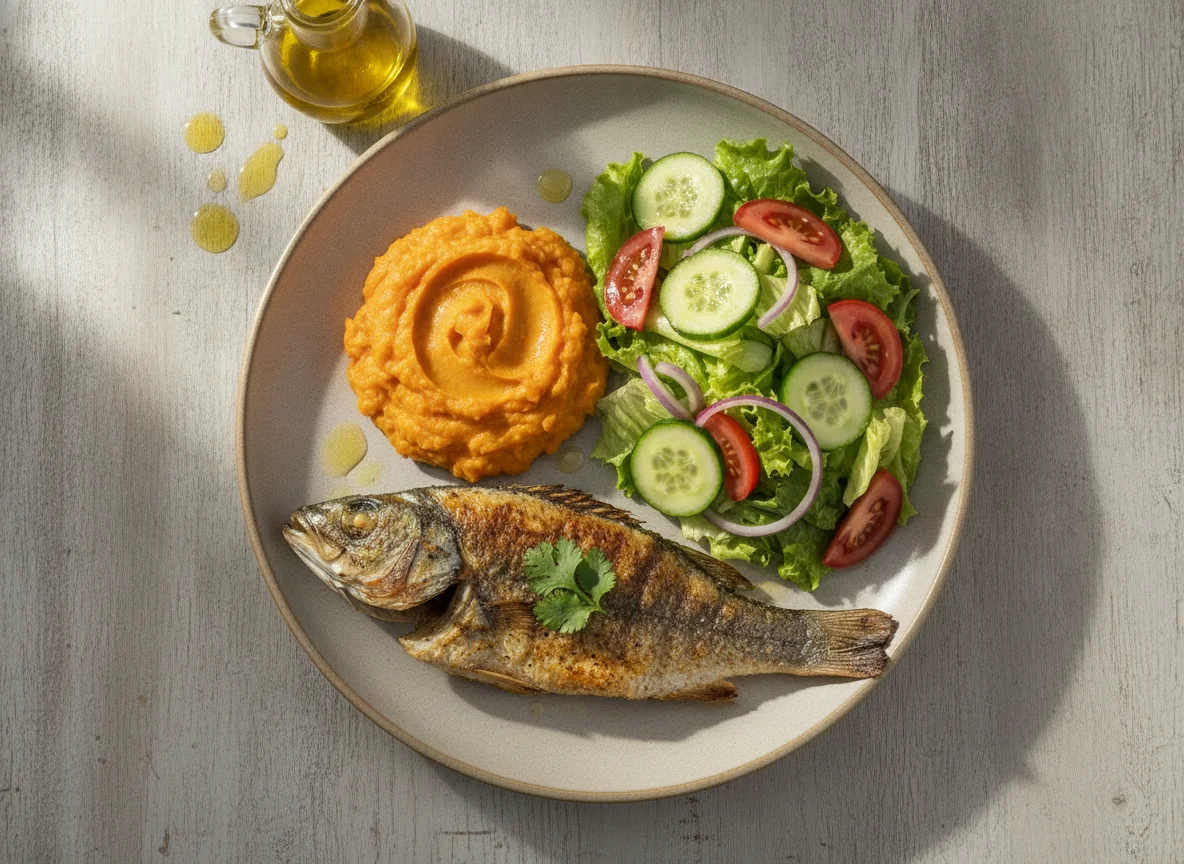 Robalo grelhado com puré de batata doce e salada mista photo