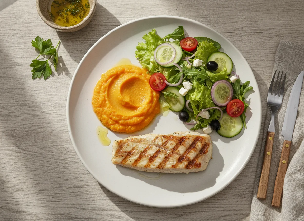 Robalo grelhado com puré de cenoura e salada mista photo