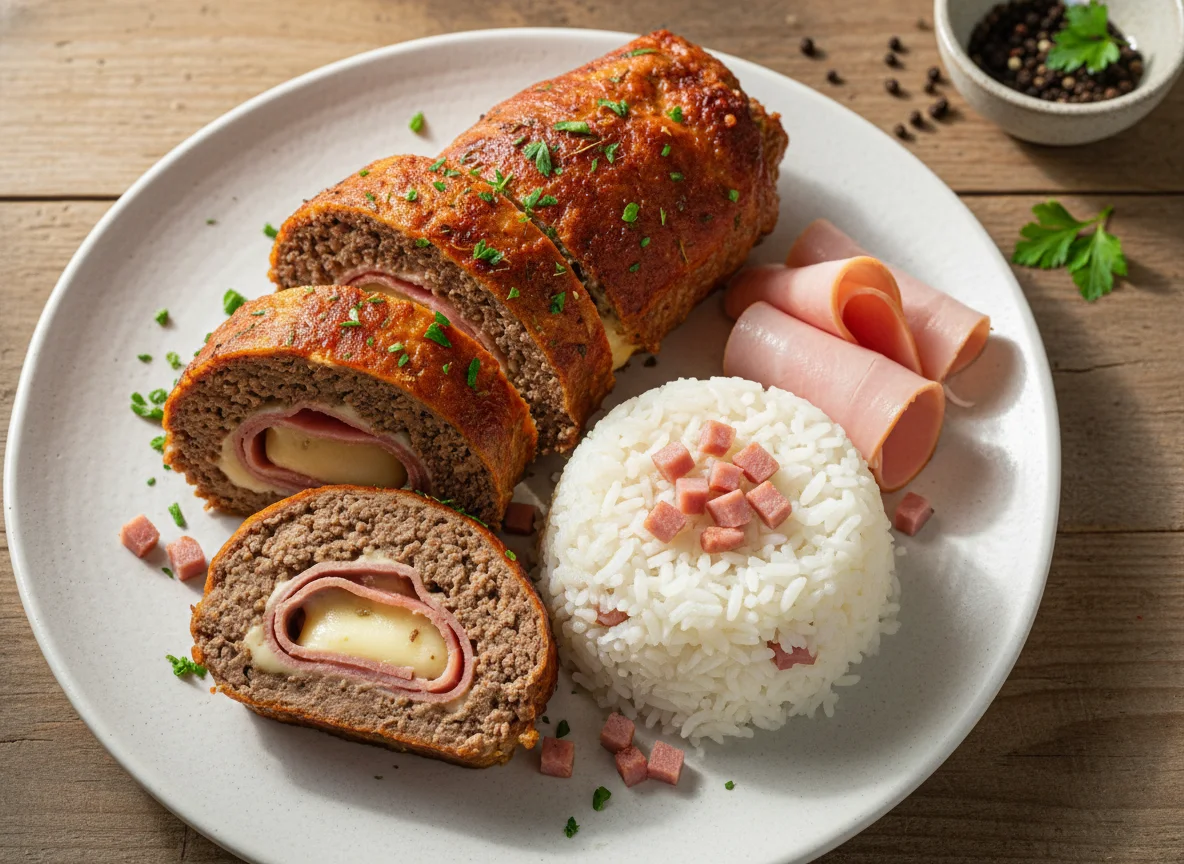 Rocambole de carne com arroz e presunto photo